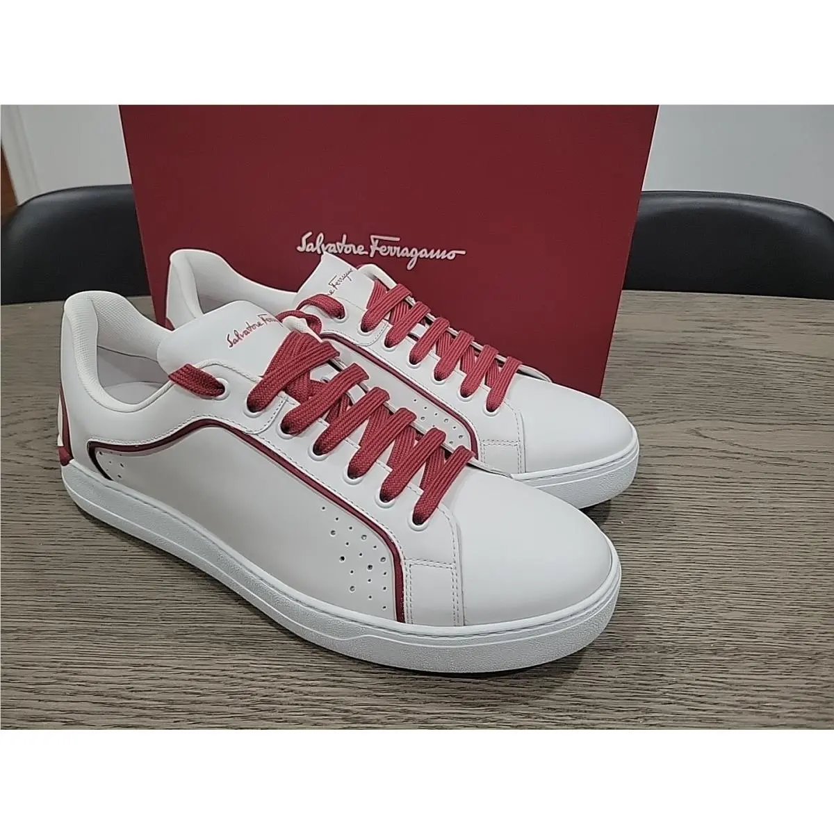 Salvatore Ferragamo Manhattan White Red Leather Men Sneaker Shoes Gancini 11