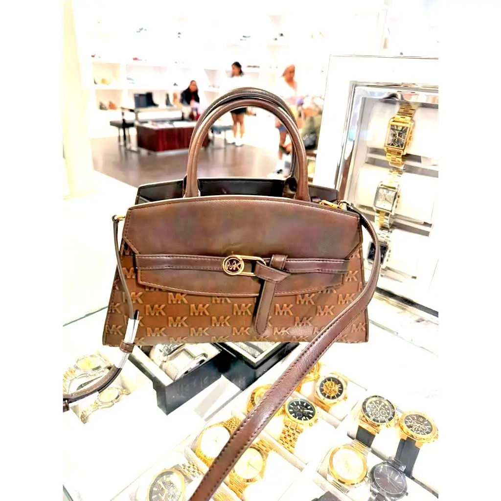Michael Kors Greta Womens Medium Logo Embossed Satchel Crossbody Bag Chocolate