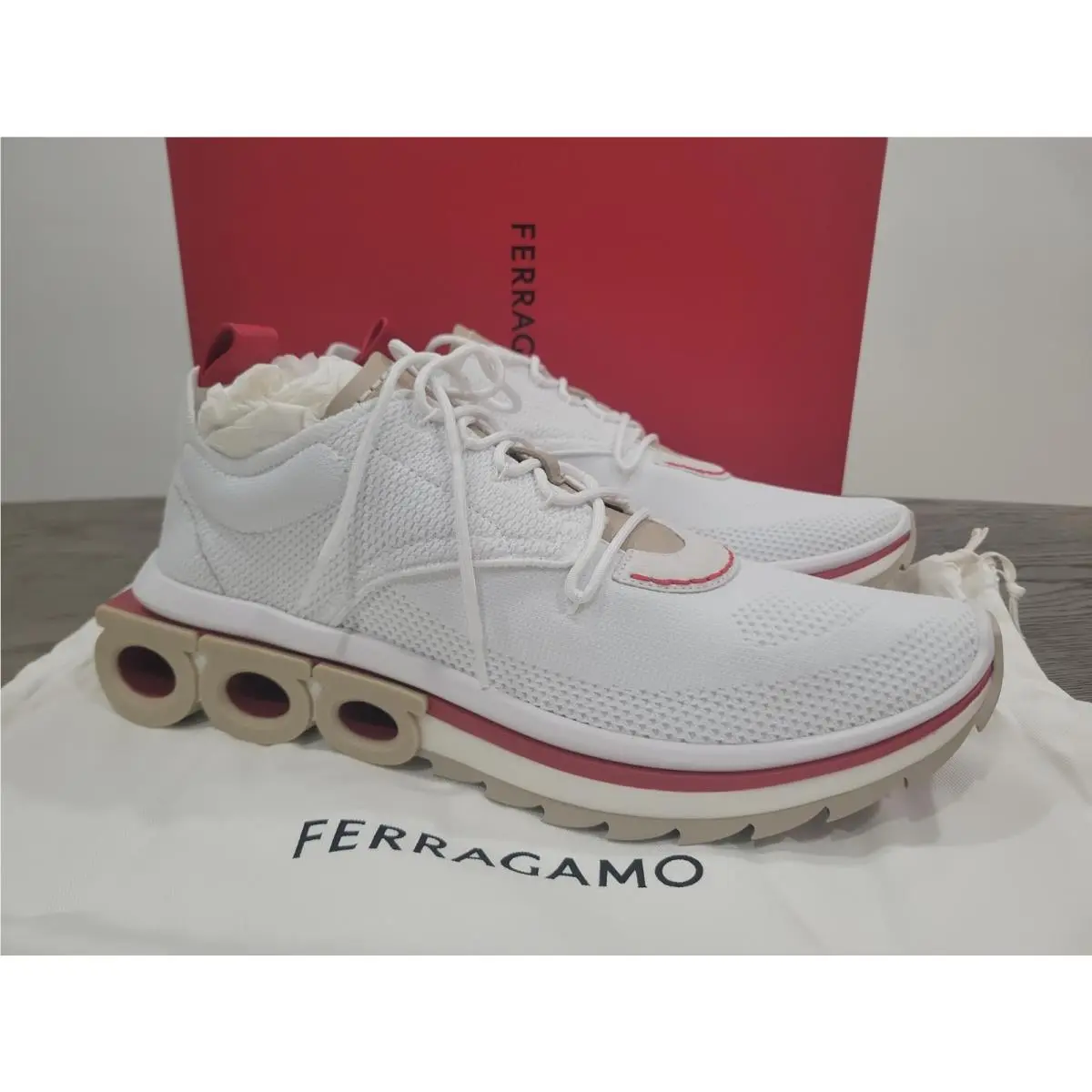 Salvatore Ferragamo Nima Knit White Red Mens Sneaker 11 /us 12 M