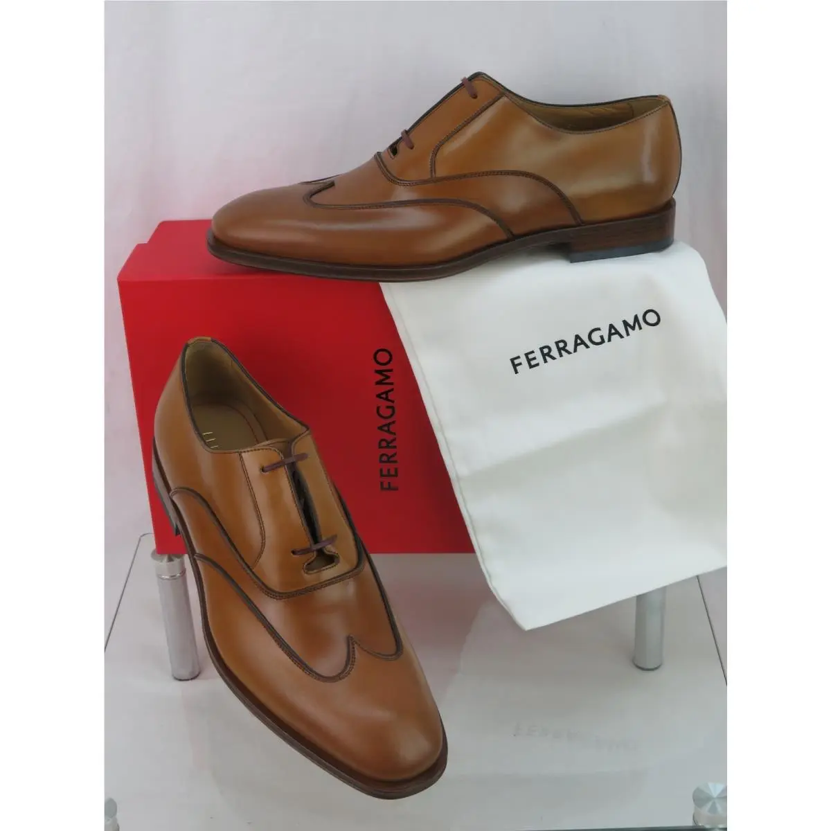 Ferragamo Corian Brown Tan Brogue Leather Oxfords 12 EE