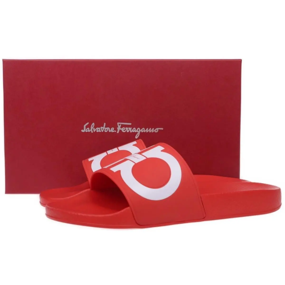 Salvatore Ferragamo Red White Groovy Logo Rubber Slides Pool Shoes 10 M