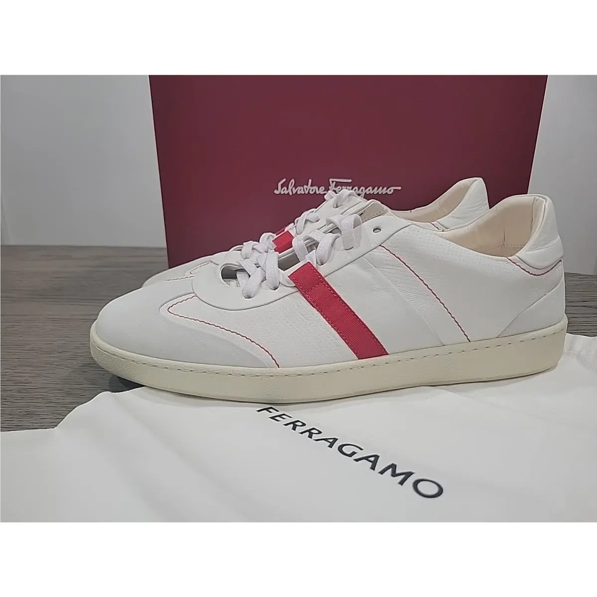 Salvatore Ferragamo Mens Garda Low White Red Sneaker 11.5 M