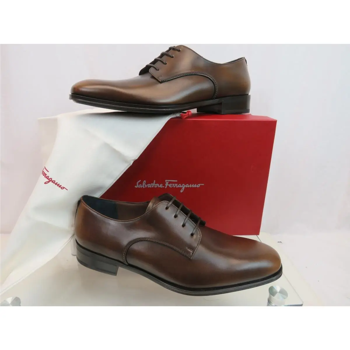 Ferragamo Daniel Burnished Brown Leather Lace UP Derby Oxfords 10.5 E