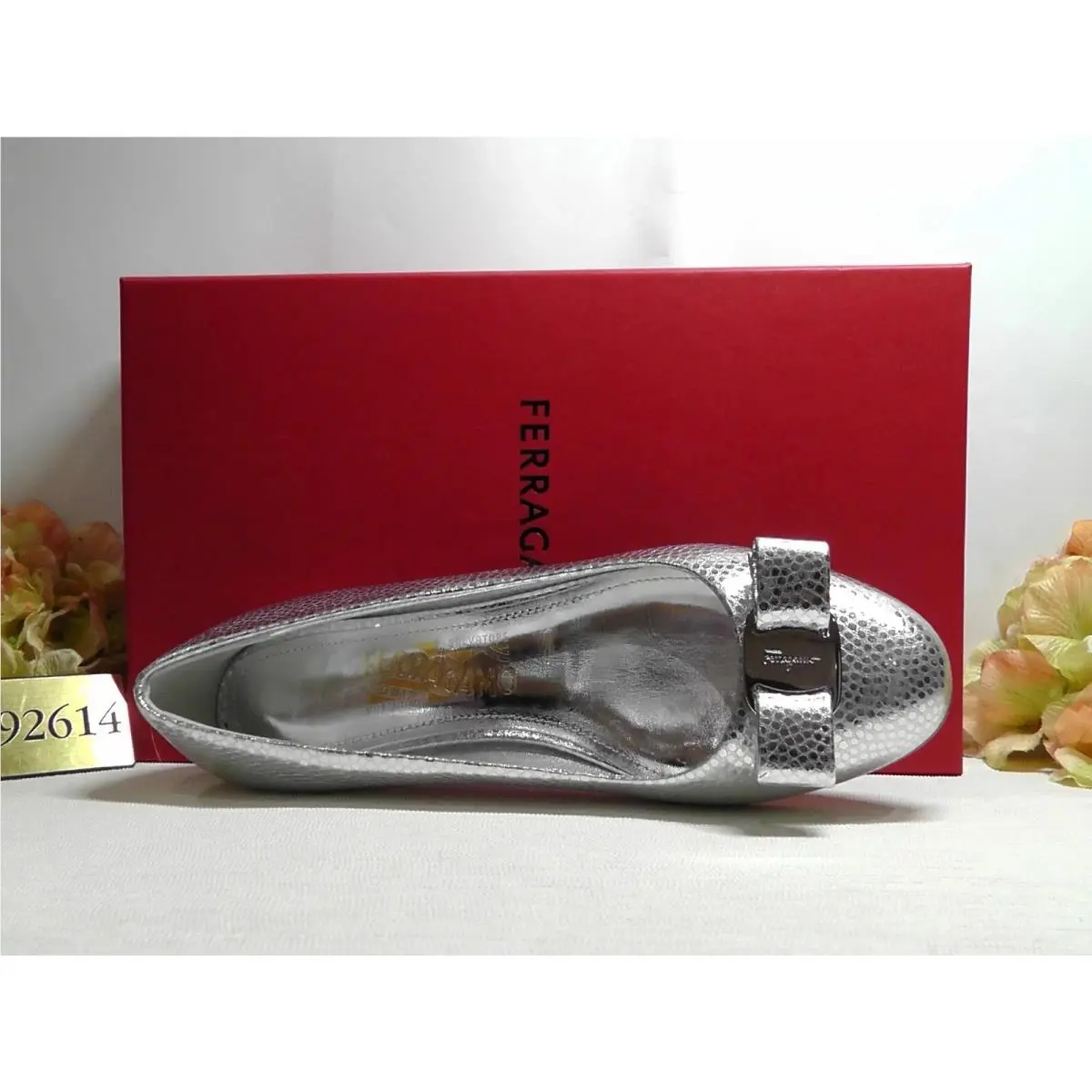 Salvatore Ferragamo Argento Leather Varina Bow Lizard Embossed Ballet Size 7.5C