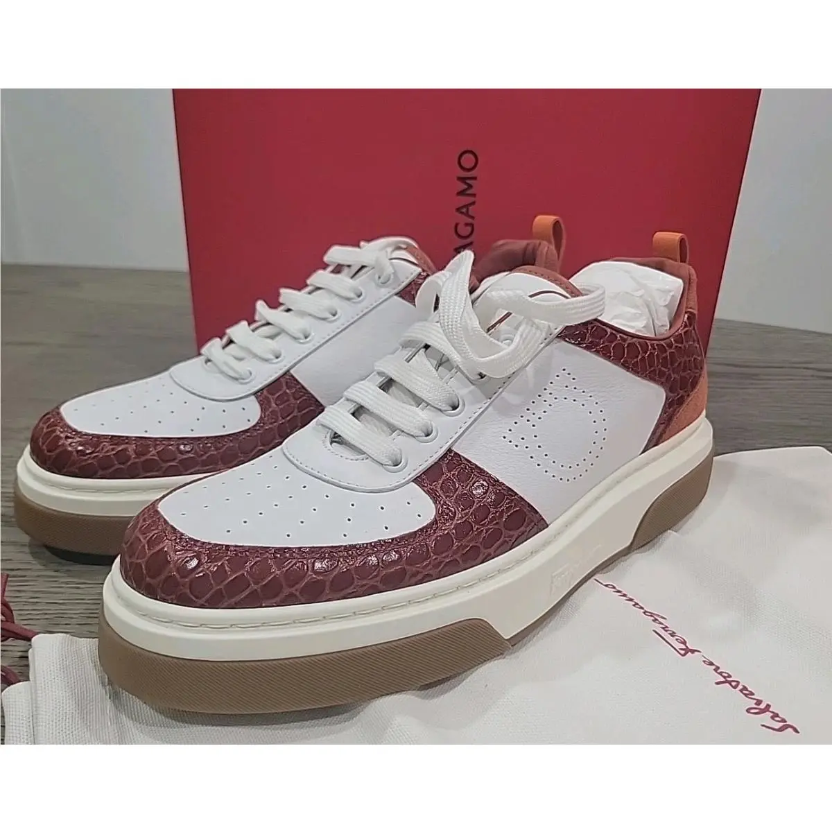 Salvatore Ferragamo Men White Brown Cassina Lo Sneakers 10 M