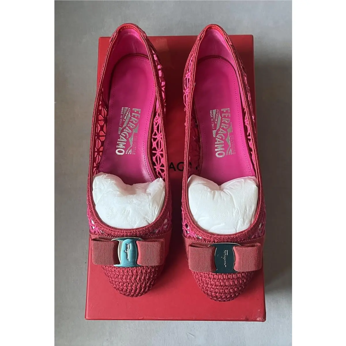 Salvatore Ferragamo Hot Pink Red Leather Varina Bow Flats Shoes 8.5