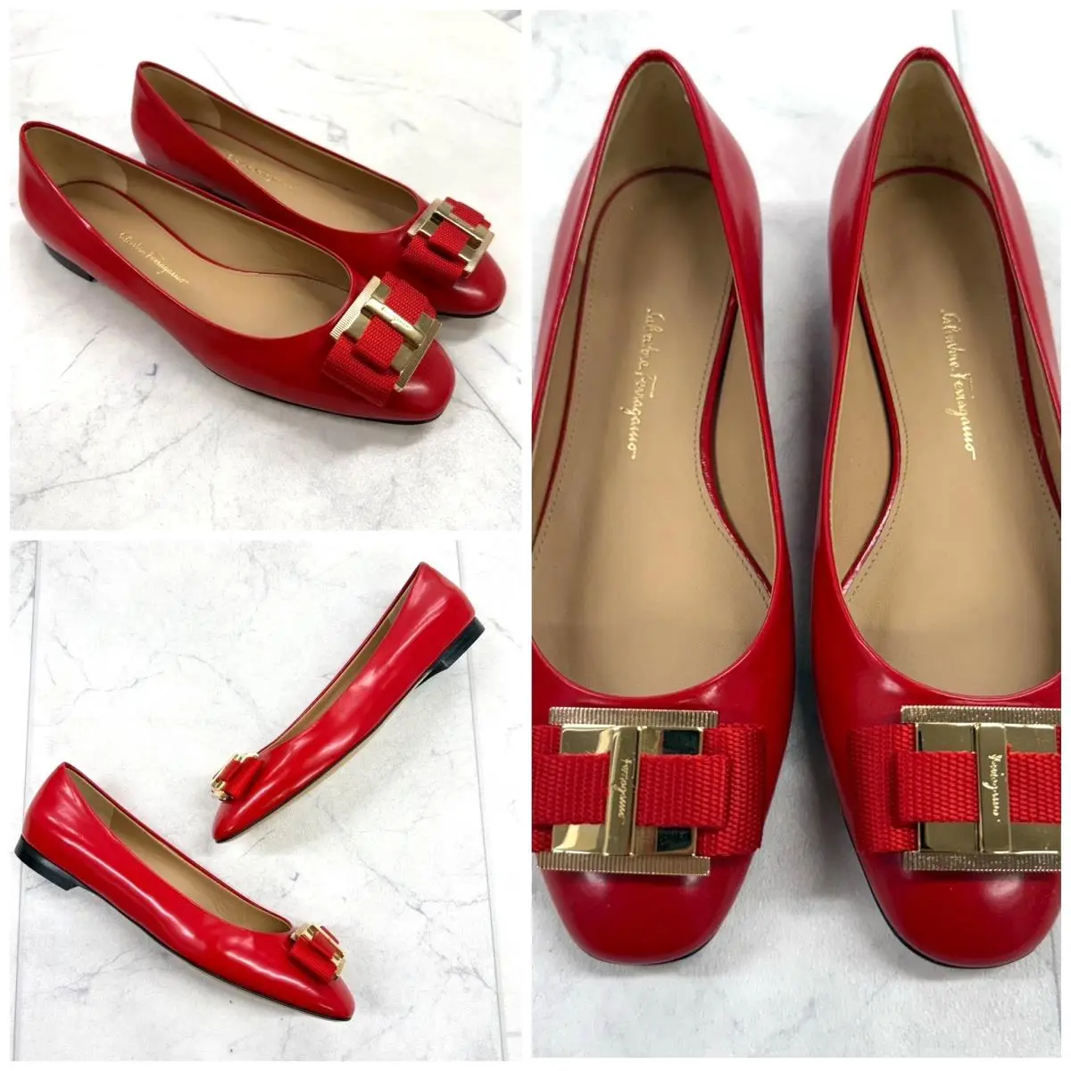 Salvatore Ferragamo Women`s Red Prato Leather Bow Flats Size: 5.5