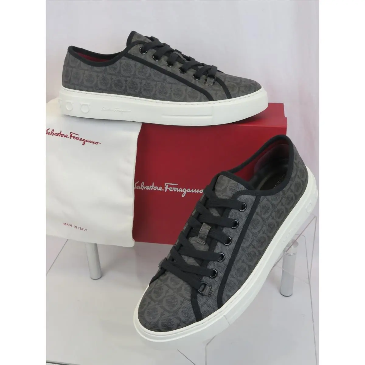 Ferragamo Anson Gray Coated Canvas Gancini Logo Print Black Sneakers 12