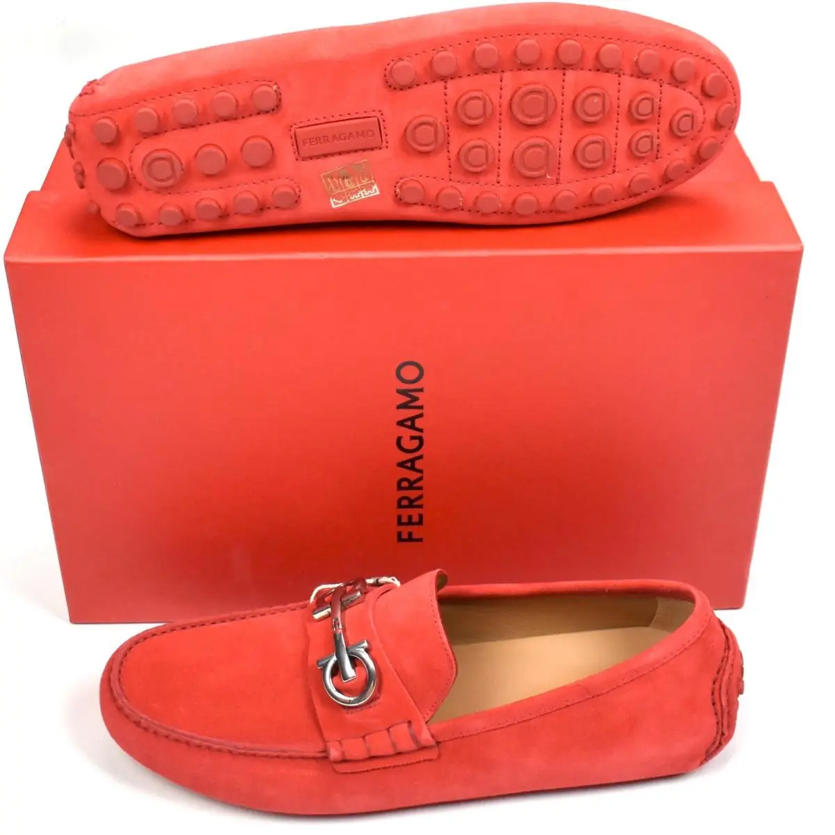 Ferragamo Red Suede Driving Loafers Men`s Shoes 8 Eee Wide