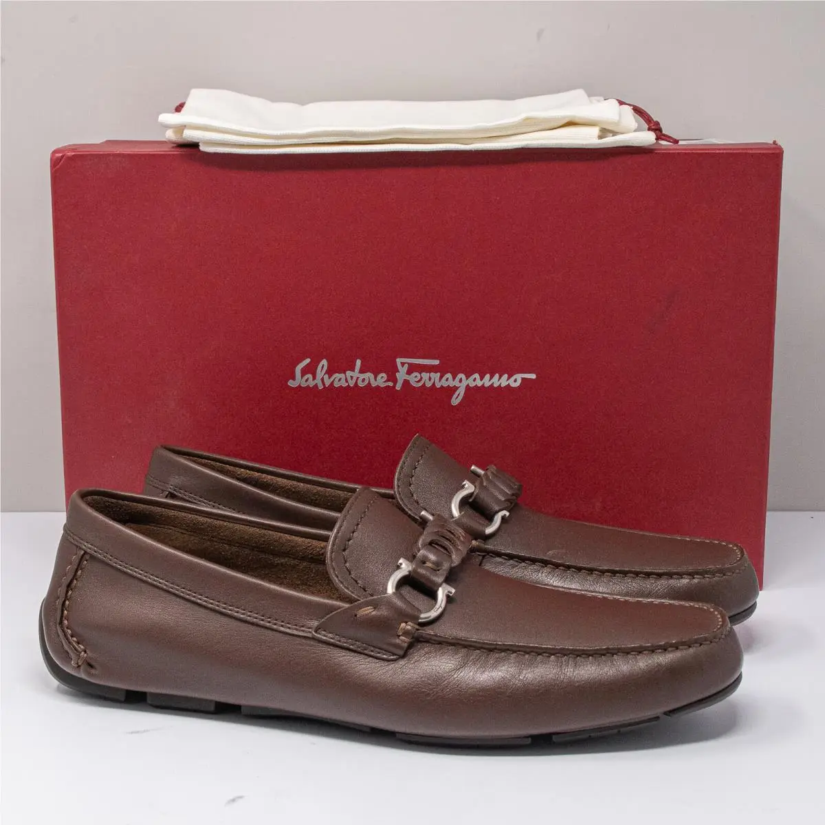 Salvatore Ferragamo Stuart Gancini Brown Braided Leather Drivers Size 7 E