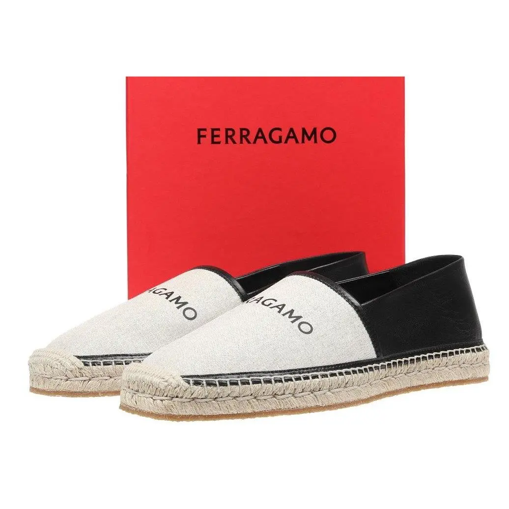 Salvatore Ferragamo Ladies Canvas Leather Logo Espadrilles Loafers Shoes 8.5 - Black/NATURAL