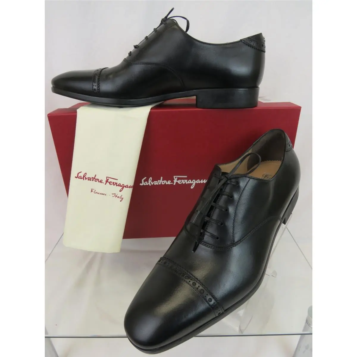 Salvatore Ferragamo Boston Black Brogue Leather Gancini Bit Oxfords 8.5 D