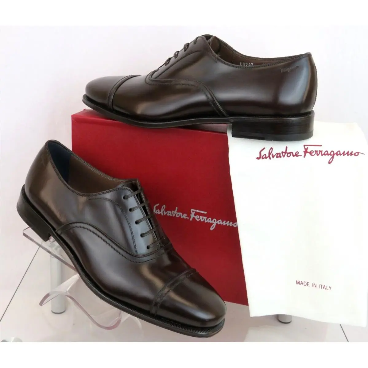 Ferragamo Seul Dark Brown Polished Leather Cap Toe Logo Oxfords 11.5 D