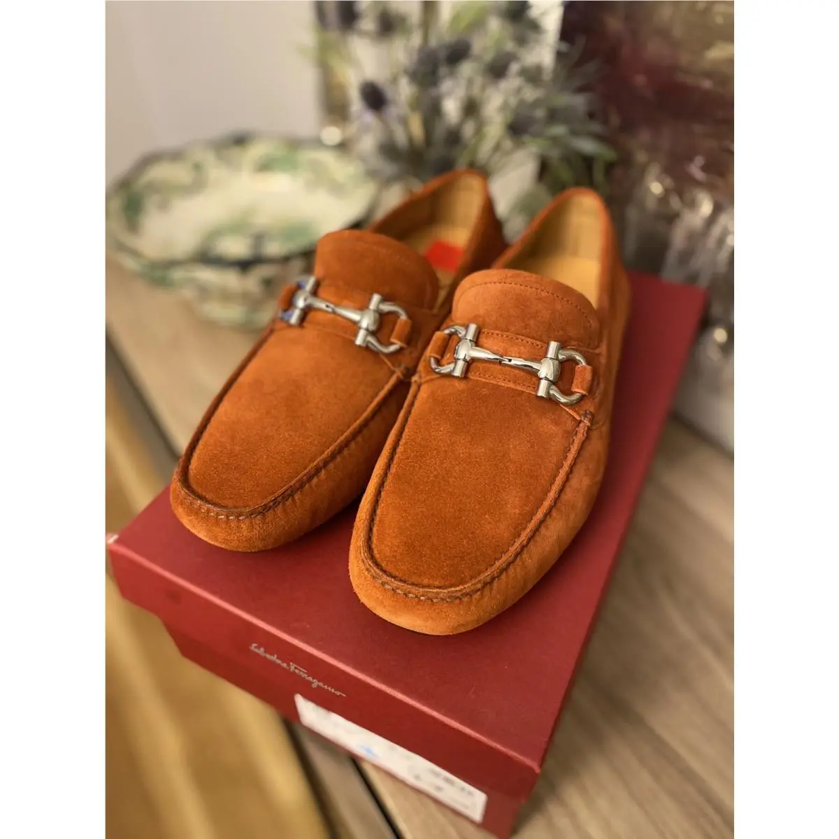 Salvatore Ferragamo Perigi Brick Brown Suede Moccasin Driver Shoes 8EE