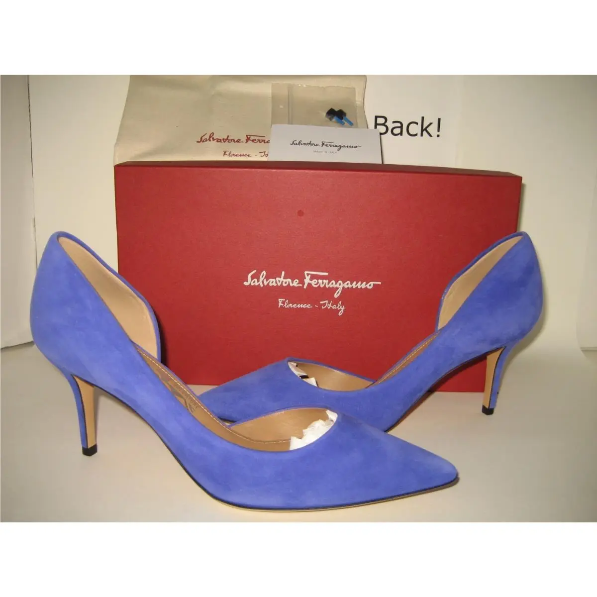 Salvatore Ferragamo Pam Glas US 8.5 Blue Suede Kitten Heels Pumps Shoes Box