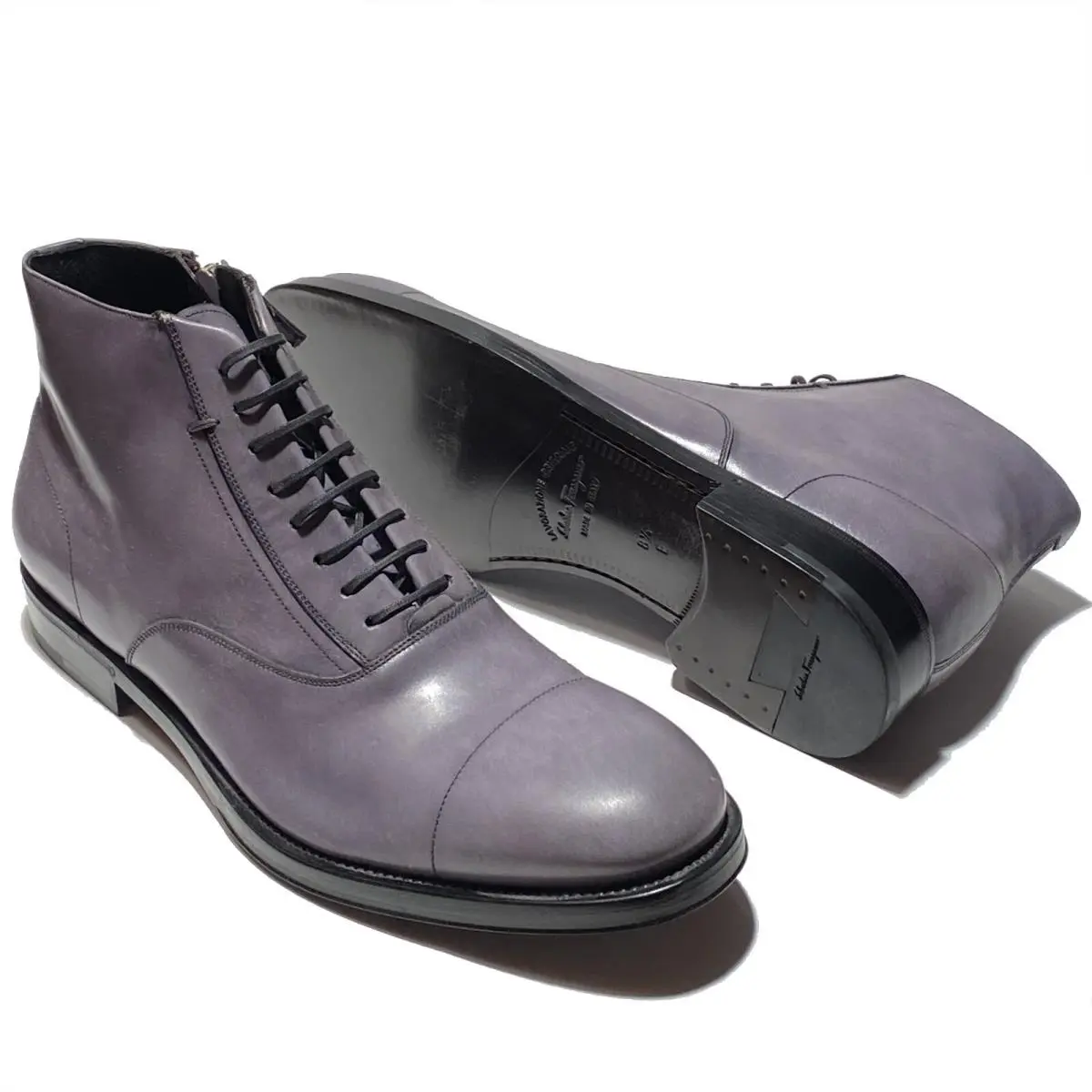 Ferragamo Tramezza Ankle Boots 8.5 E Grey Men`s Leather Lace+zipper Dress Shoes