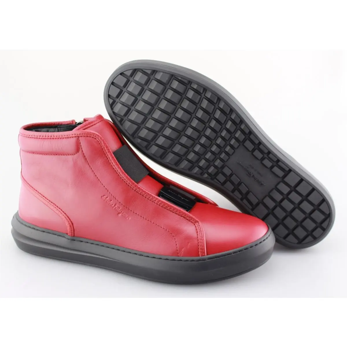 Men`s  `ground` Red Leather Hi-top Sneakers Size US 8 - 2E by Salvatore Ferragamo