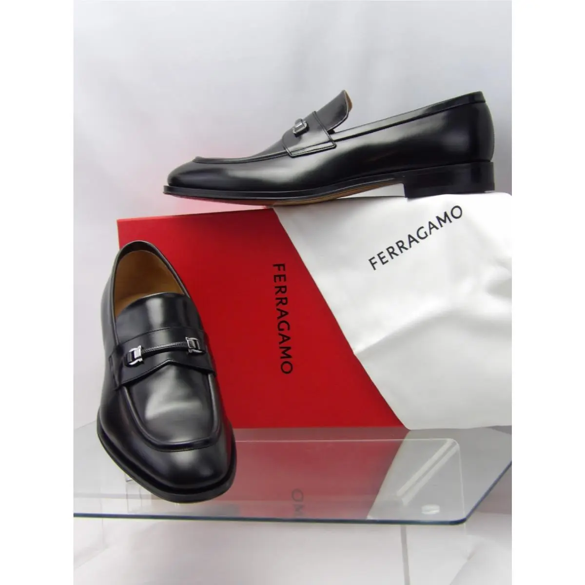 Ferragamo Black Leather Desmond Gancini Bit Logo Loafers 12 EE Italy