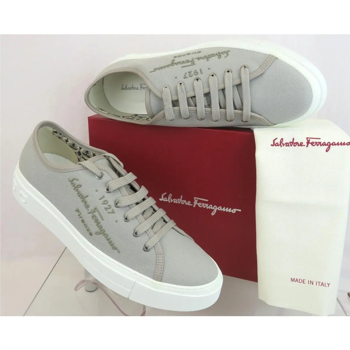 Ferragamo Mediterr Gray Canvas Leather Trim Gancini Logo Sneakers 12 M by Salvatore Ferragamo