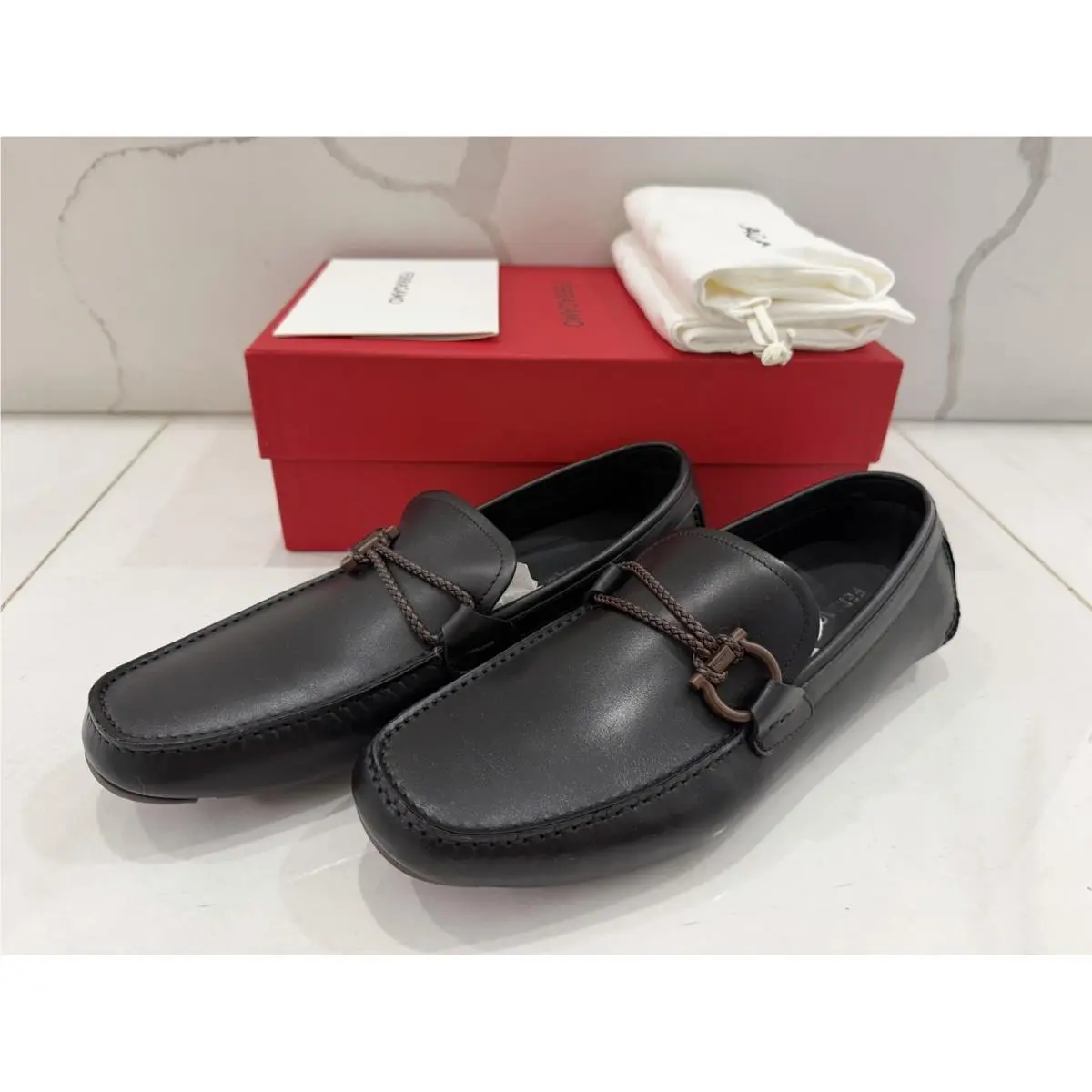 Salvatore Ferragamo Men Shoes Loafers Gancini Driver Black Leather Size US 10 EE