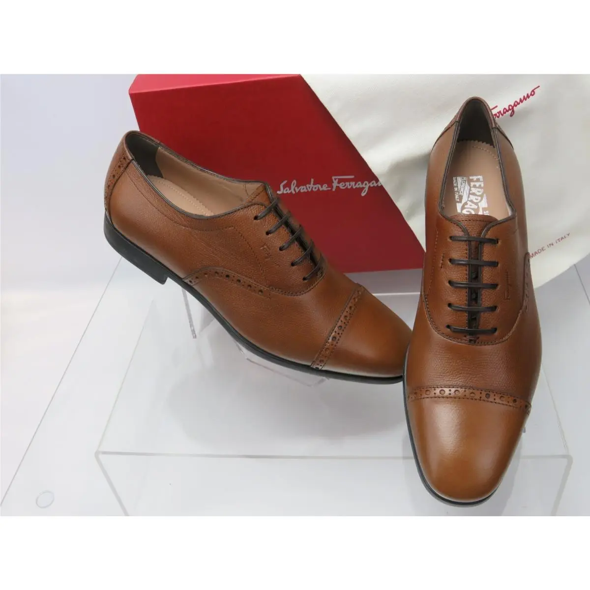 Salvatore Ferragamo Riley Brown Brogue Leather Logo Oxfords 10 E