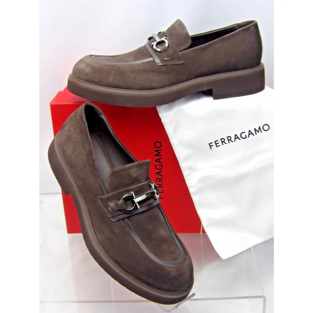 Ferragamo Fiorello Brown Suede Leather Gancini Bit Logo Loafers 10.5 M Italy