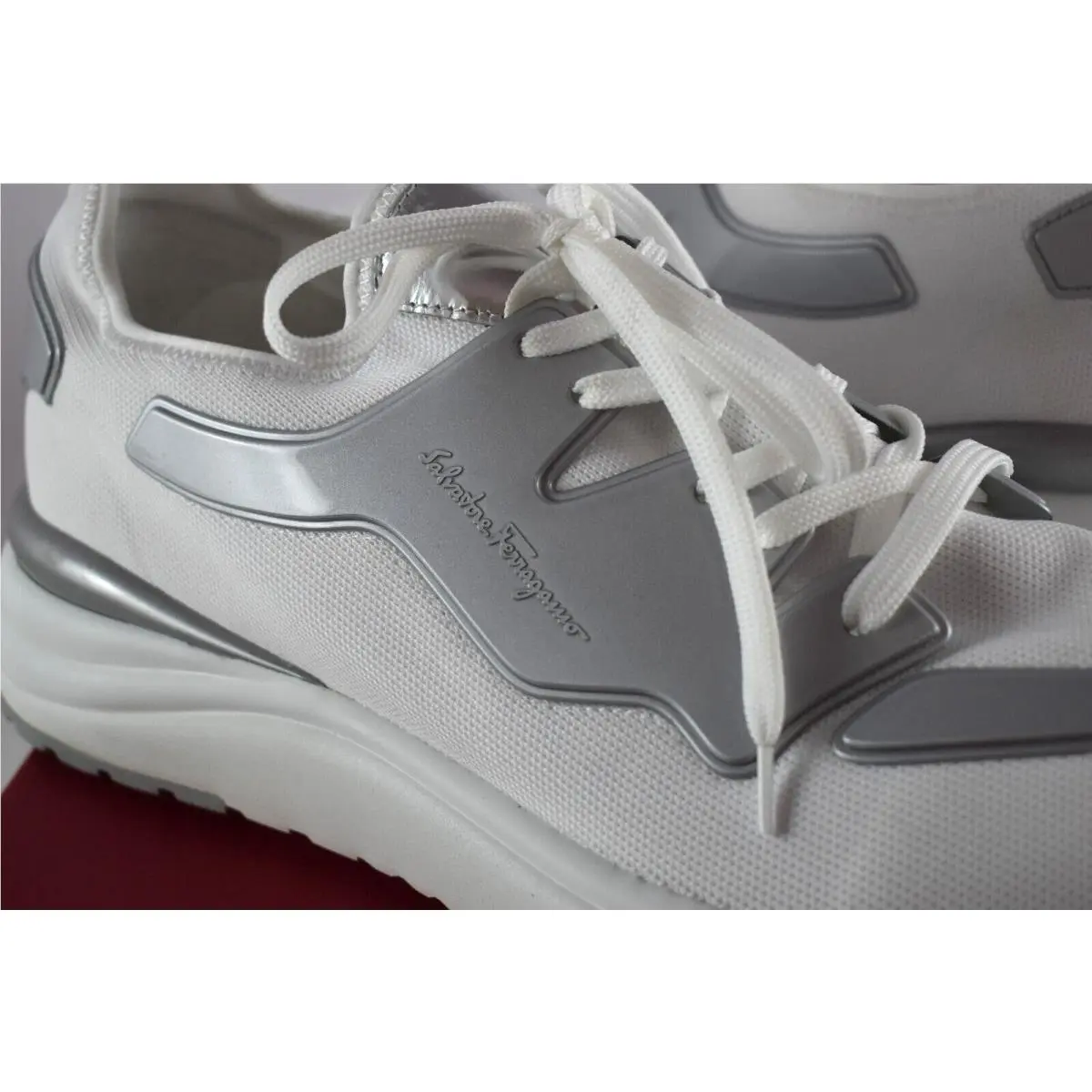 Salvatore Ferragamo Sz 14 M Pocket 1 White Silver Logo Slip On Lace Sneakers