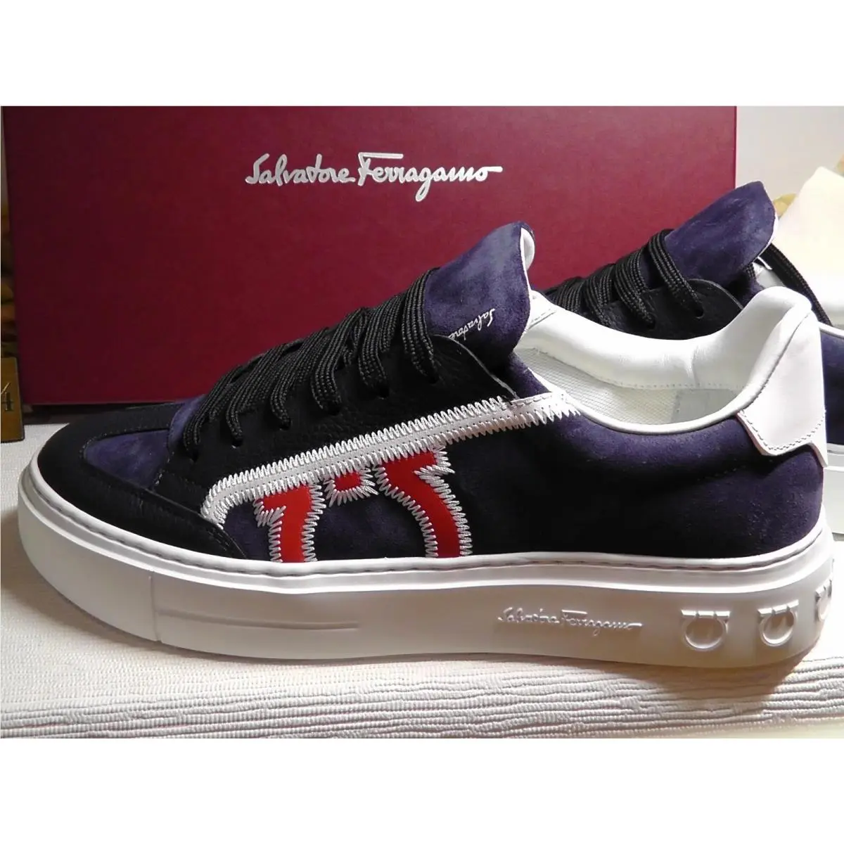 Salvatore Ferragamo Borg 5 Blue Suede/white Leather Sneakers Size 7M