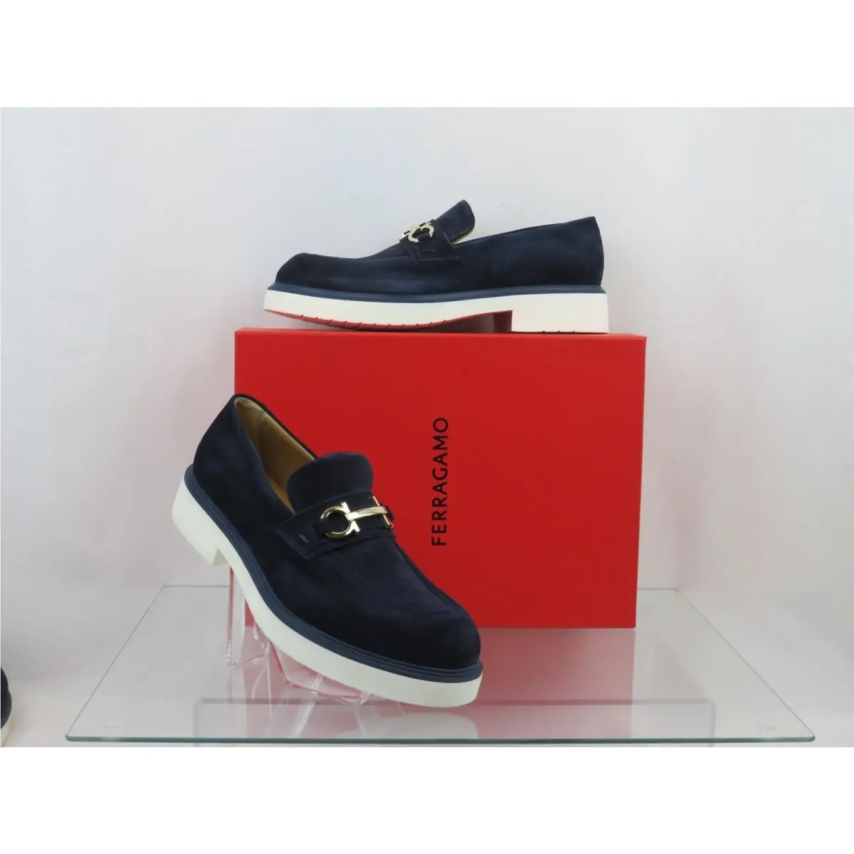 Ferragamo Fiorello Blue Suede Gancini Bit Logo Loafers 12 Italy