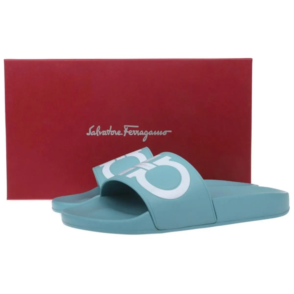 Salvatore Ferragamo Mint White Groovy Logo Rubber Slides Pool Shoes 7 M - MINT/WHITE