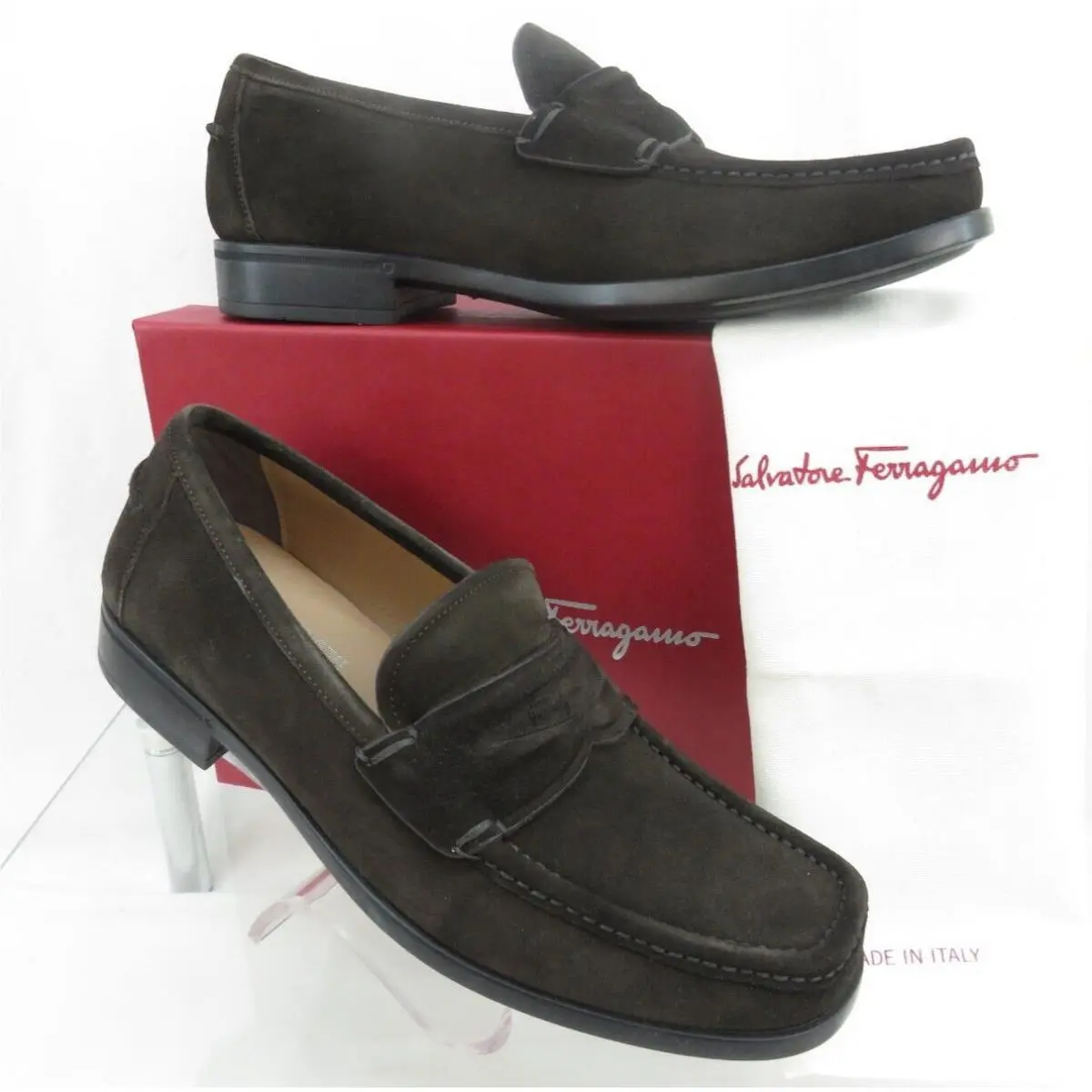 Ferragamo Lanzarote Hickory Brown Suede Moccasin Logo Penny Loafers 8 EE