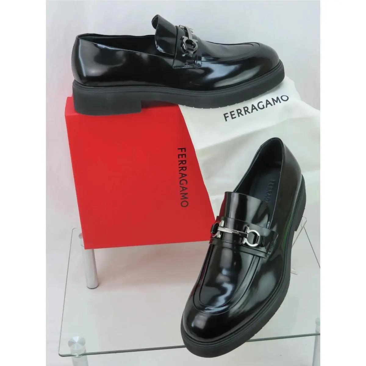 Ferragamo Fiorello Black Patent Leather Gancini Bit Logo Loafers 12 M Italy