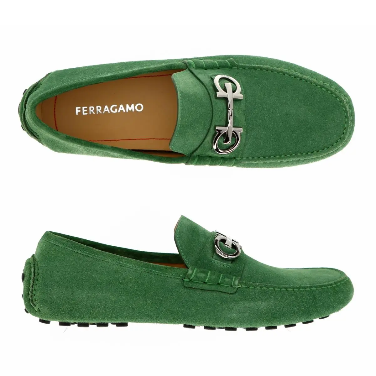 Salvatore Ferragamo Grazioso Loafers Green Suede Leather Size 10 US - Green