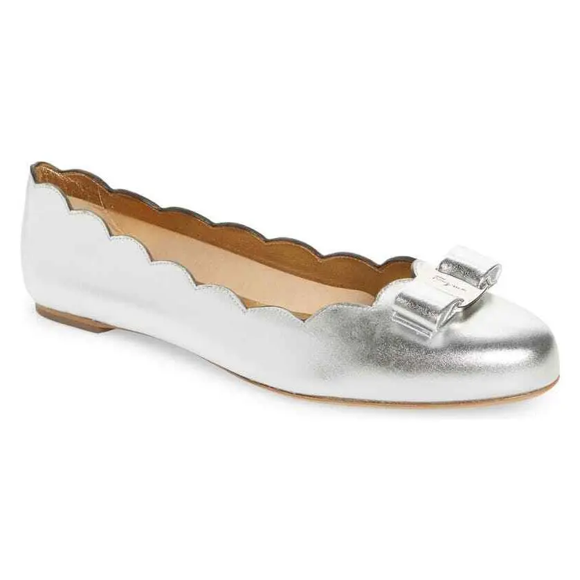 Salvatore Ferragamo Argento Silver Soft Leather Varina Shell Flat Size 5.5B