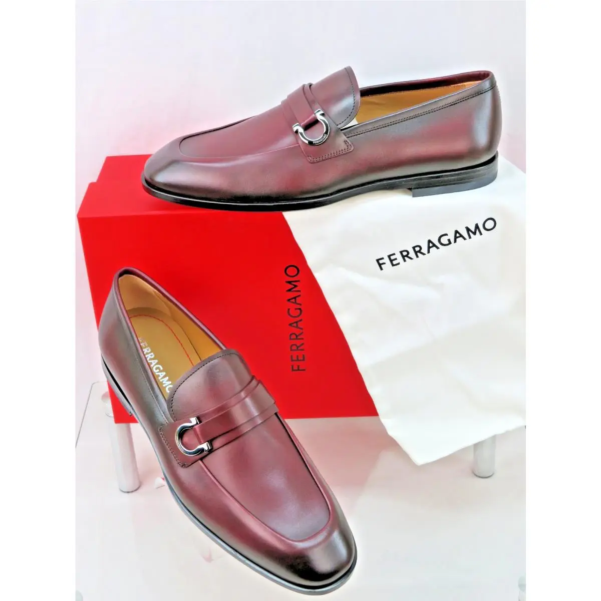 Ferragamo Burgundy Leather Florio Gancini Bit Logo Loafers 10.5 EE Italy