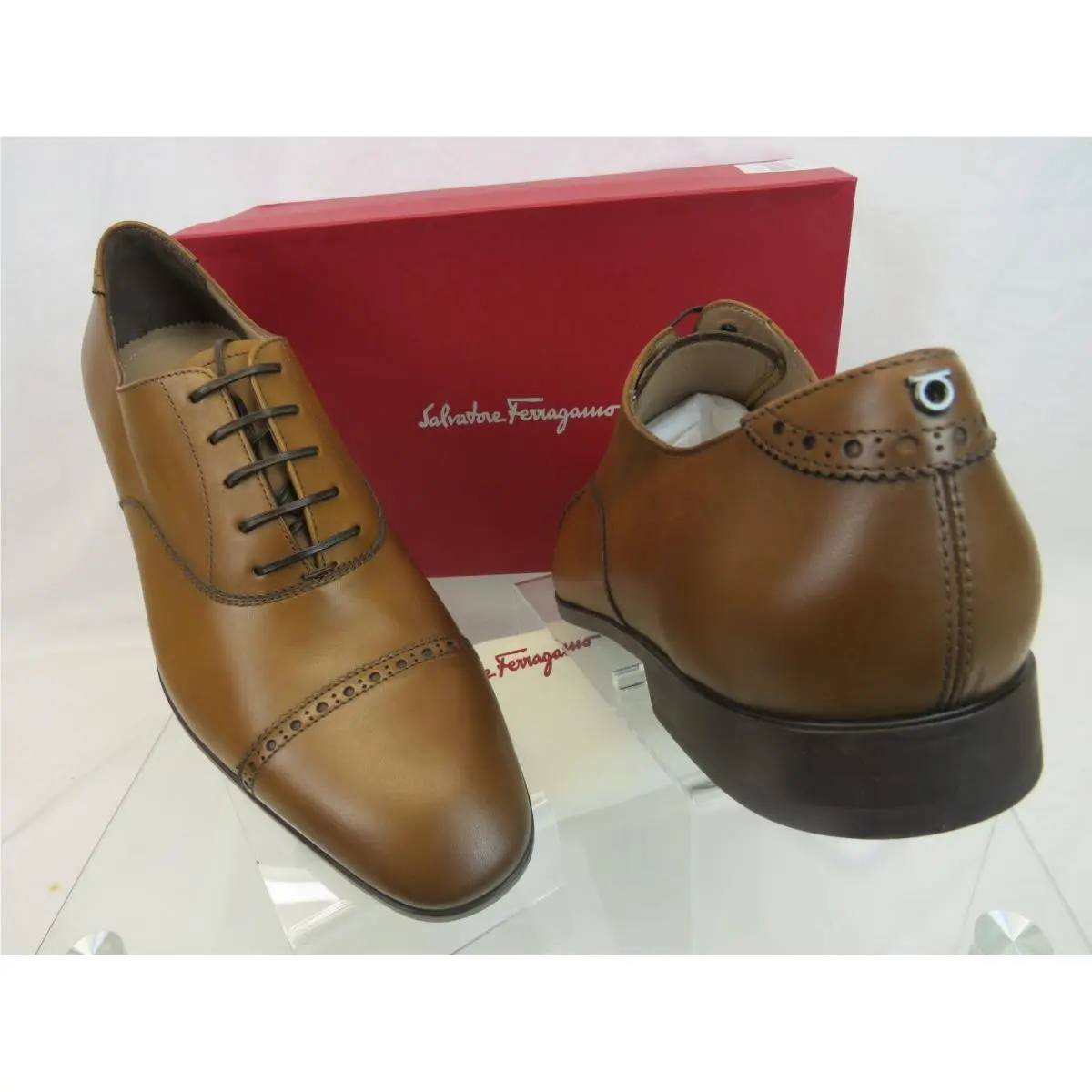 Ferragamo Boston Brown Tan Ambre Brogue Leather Gancini Bit Oxfords 9.5 E