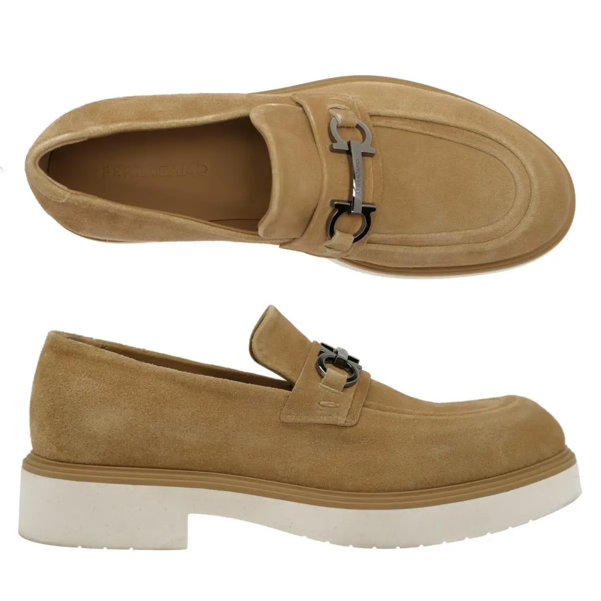 Salvatore Ferragamo Fiorello Gancini Loafers Beige Suede Leather Size 9 US - Beige