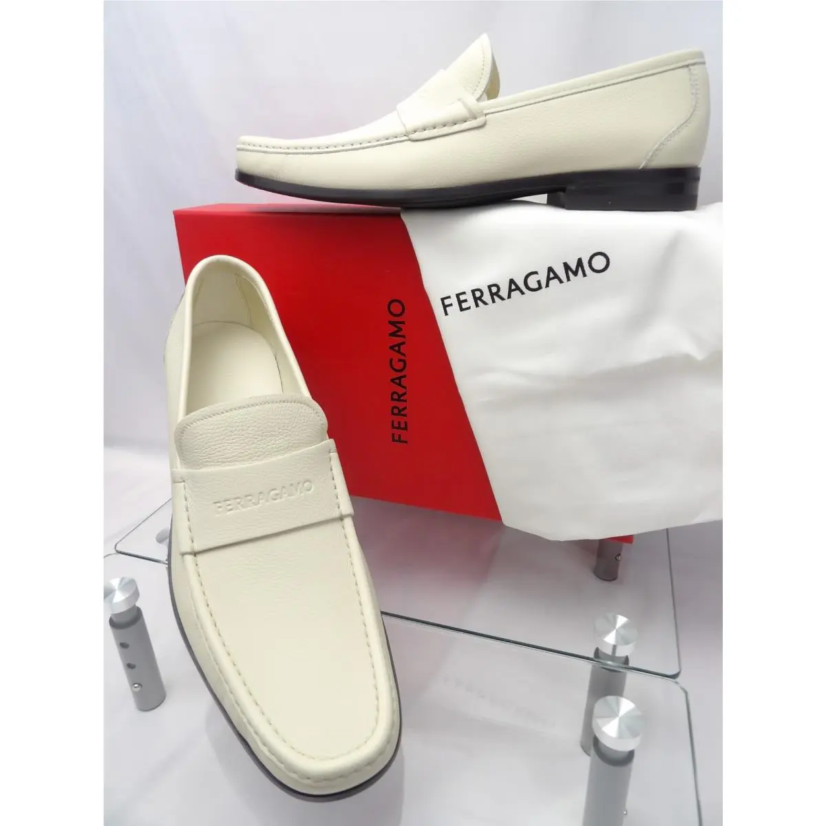 Ferragamo Dupont Off White Leather Logo Penny Loafers 11 EE Italy
