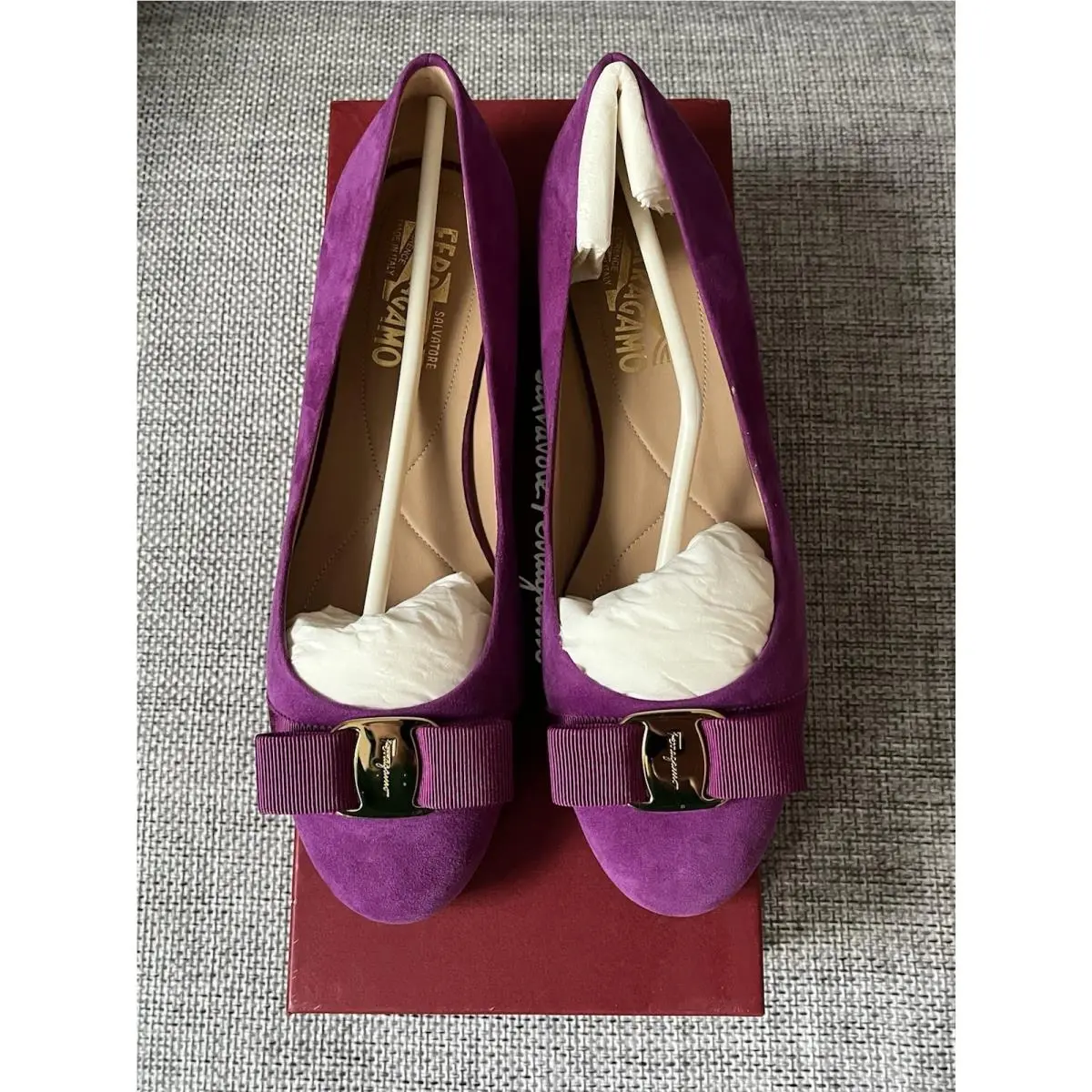 Salvatore Ferragamo Varina Purple Pink Suede Bow Flats Shoes 8 B