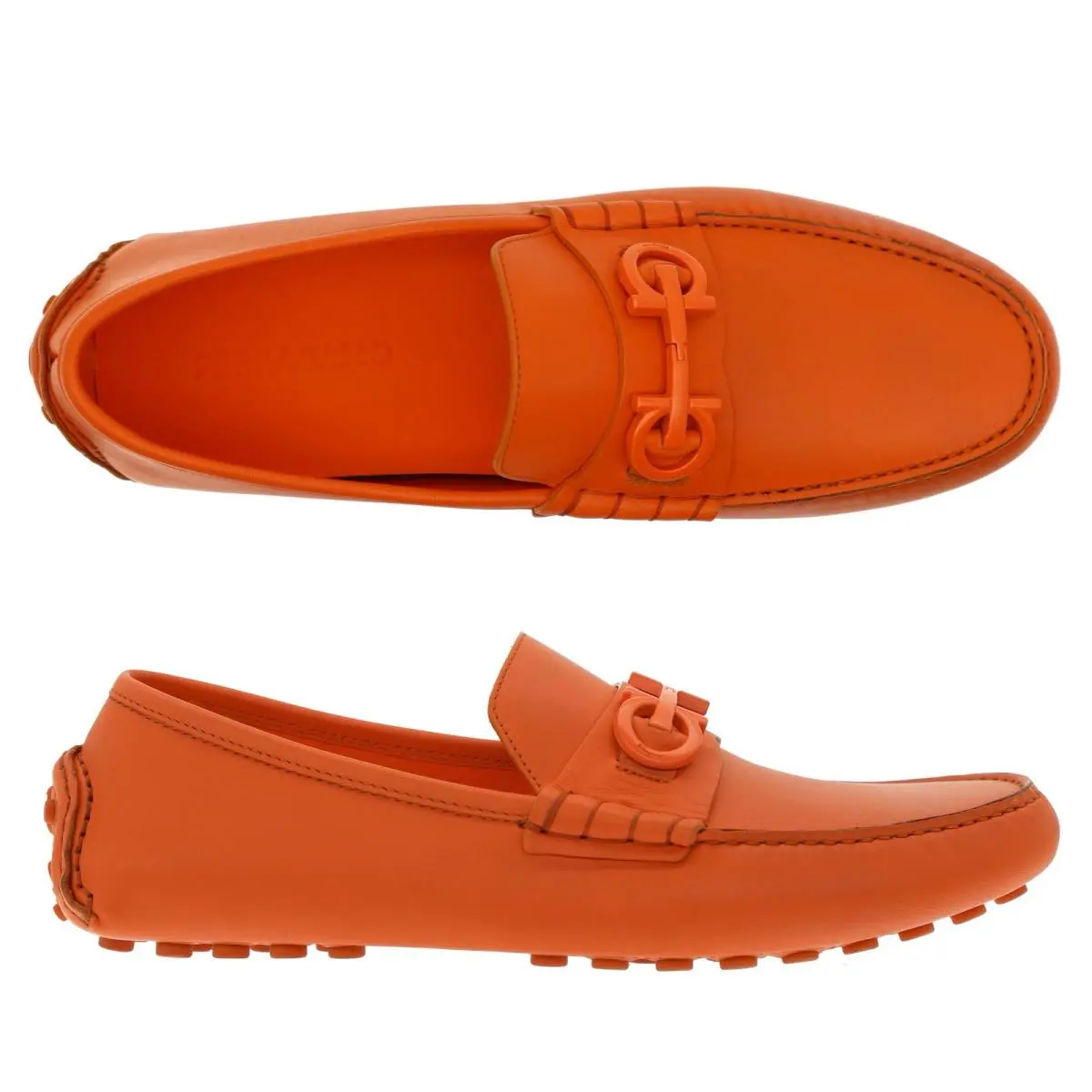 Salvatore Ferragamo Grazioso Gancini Loafers Orange Leather Size 10 US - Orange