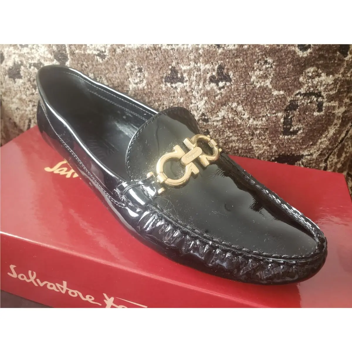 Salvatore Ferragamo Alabana Women Black Patent Silver Metal 8.5-B UK 9.5 US