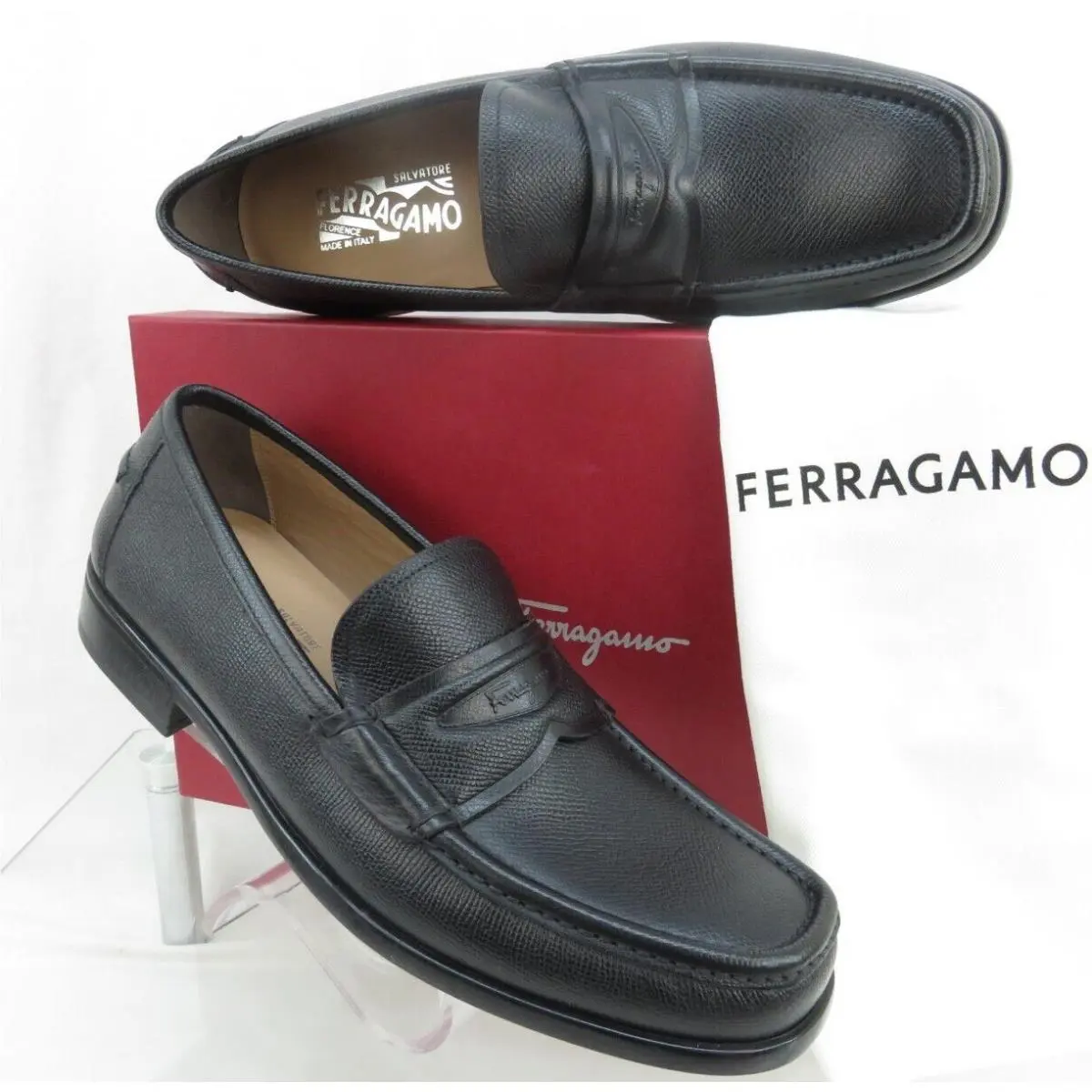 Ferragamo Lanzarote Black Saffiano Pebble Leather Logo Penny Loafers 9 D