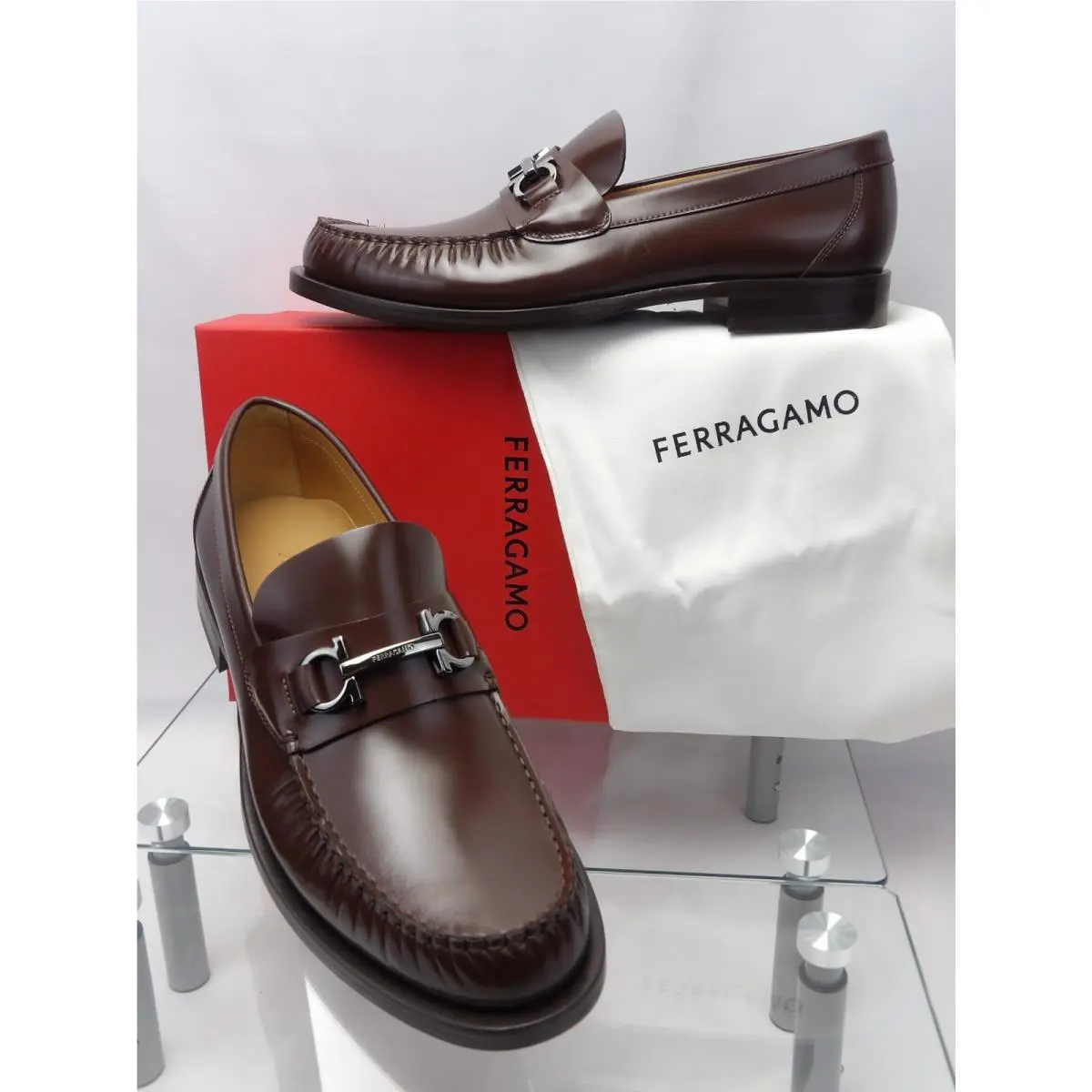 Ferragamo Brown Leather Fort Gancini Bit Logo Loafers 10.5 E Italy