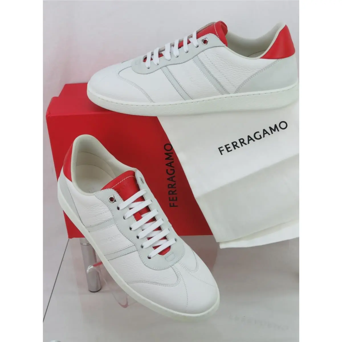 Ferragamo Achille 1 White Red Leather Logo Sneakers 12 Italy