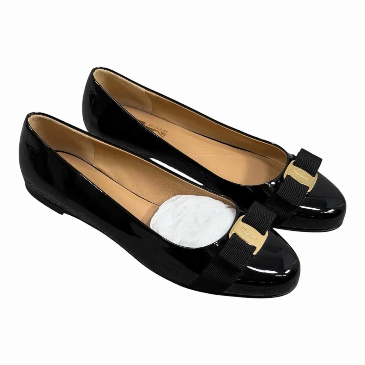 Salvatore Ferragamo Size-9B Womens Varina Black Patent Leather Ballet Flats