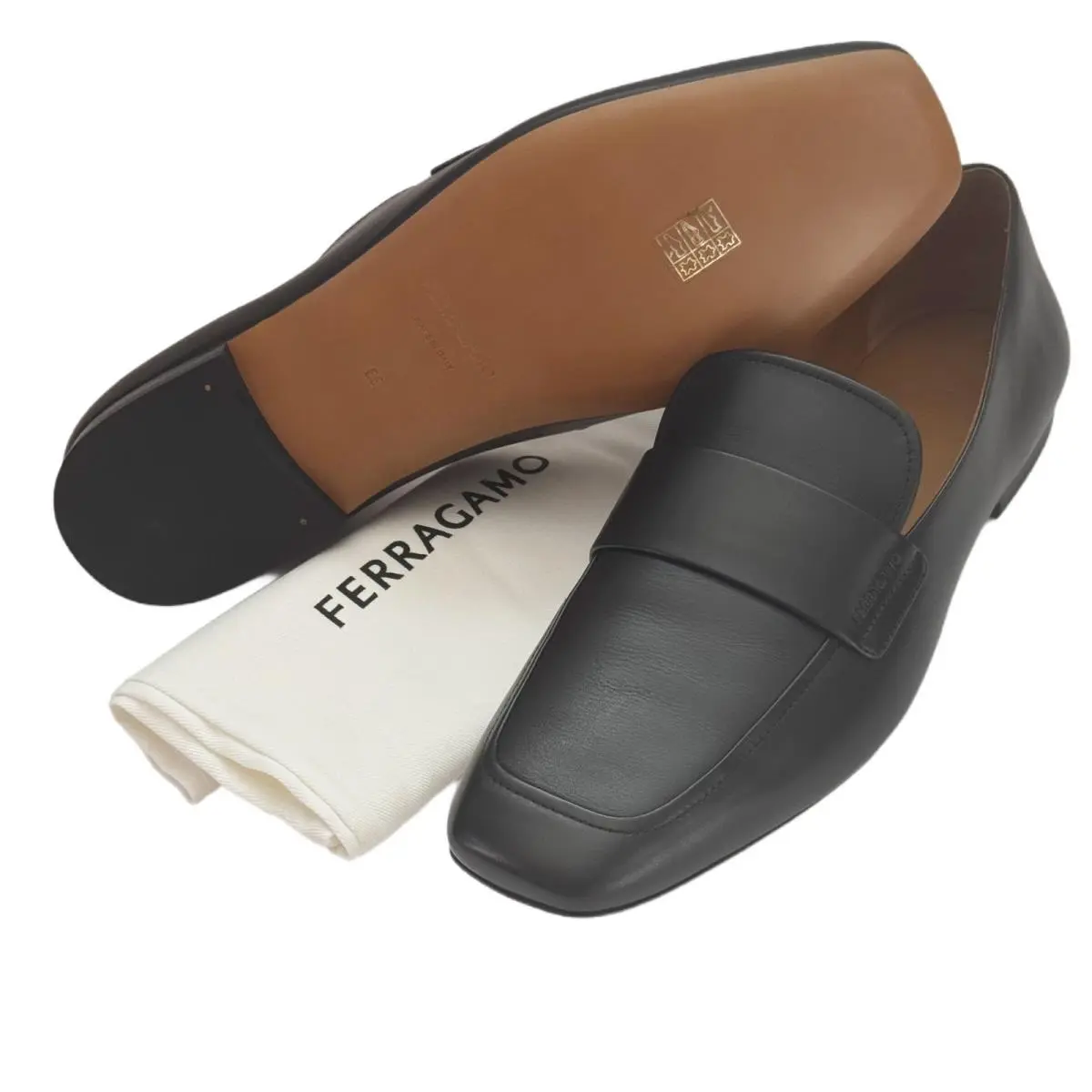 Ferragamo Gedeone 10.5 EE Strap Loafers Black Calf Leather Men`s Casual Shoes
