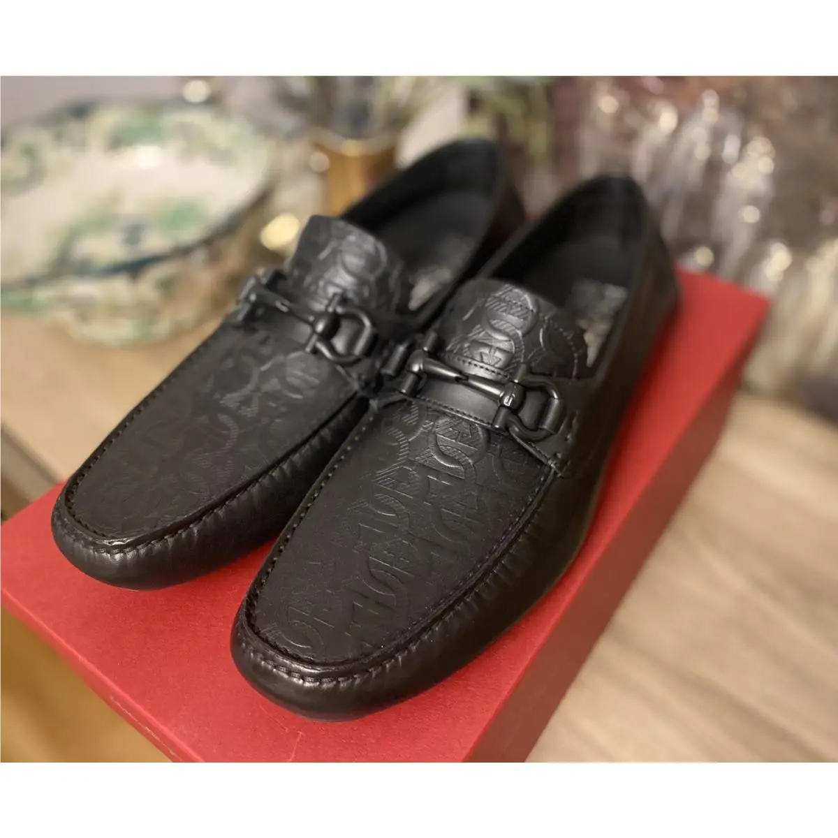 Salvatore Ferragamo Parigi Black Leather Embossed Drivers Loafers Shoes 8 D
