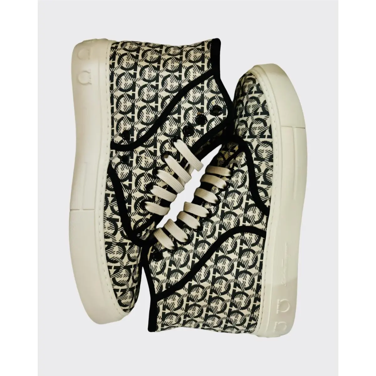 Ferragamo Andy High Top Men Sneaker Gancio Logo Print Beige/black /fabric 8.5M