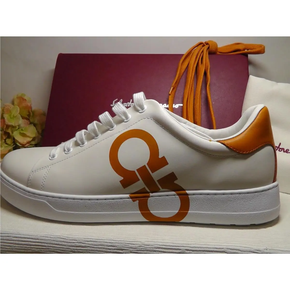 Salvatore Ferragamo Number White/orange Double Gancio Low Top Sneaker Size 12M