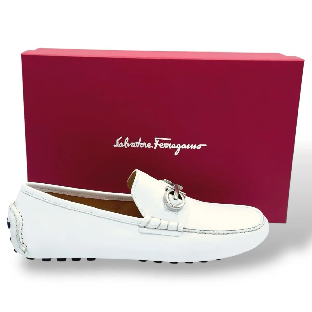 Salvatore Ferragamo Driver Gancini Bit White Leather Loafers Shoes UK 8.5 US 9.5